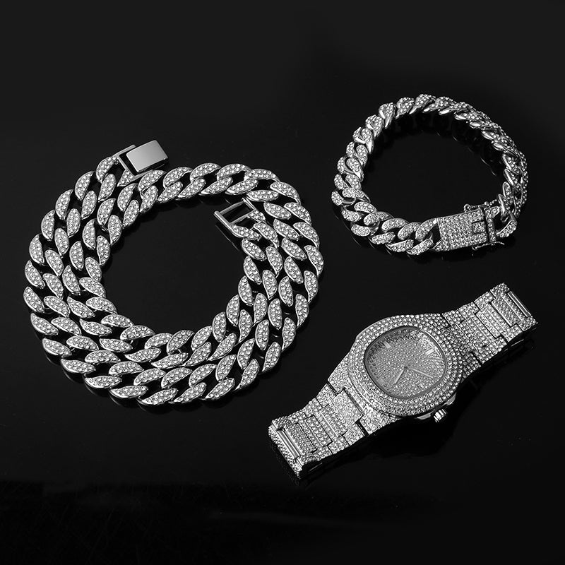 Cuban Chain Necklace Bracelet Watch Set