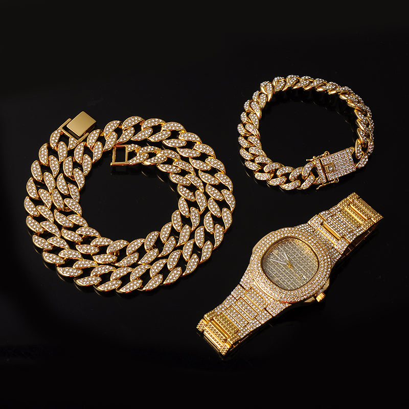 Cuban Chain Necklace Bracelet Watch Set