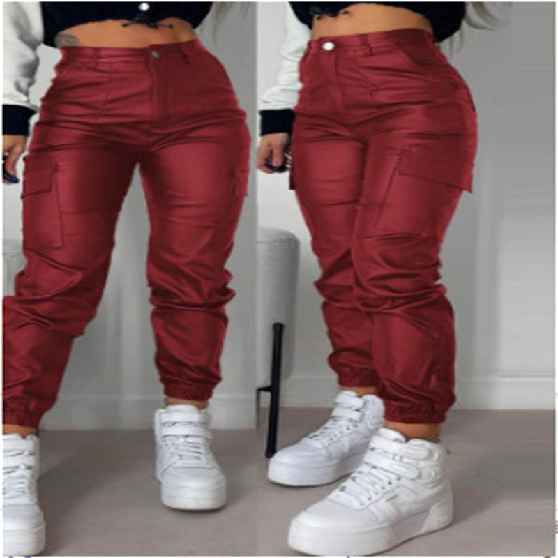 Zipper Pleated PU Casual Patch Pocket Skinny Pencil Trousers