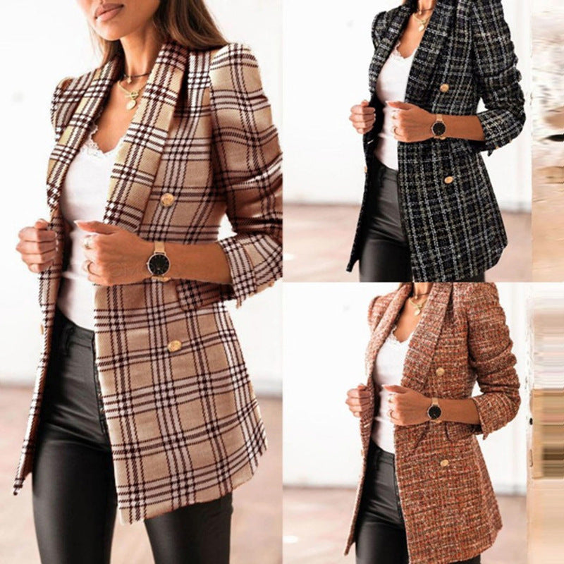 Womens Long Sleeve Double Breasted Blazer Collar Coat