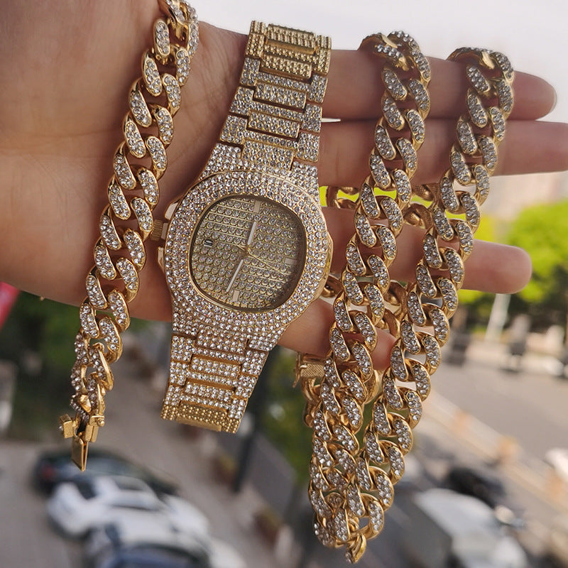 Cuban Chain Necklace Bracelet Watch Set