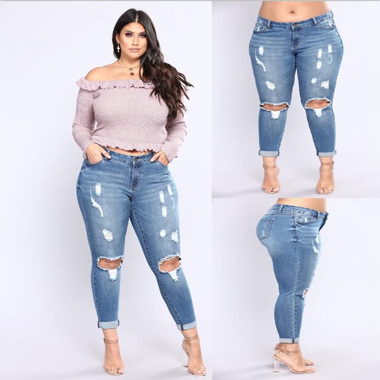 Plush size Stretch denim hole high waist ladies' jeans