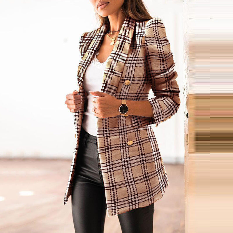 Womens Long Sleeve Double Breasted Blazer Collar Coat